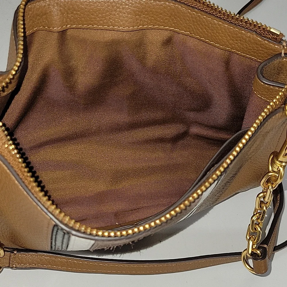 Tory Burch Brown Leather Crossbody Bag with Striped Accent